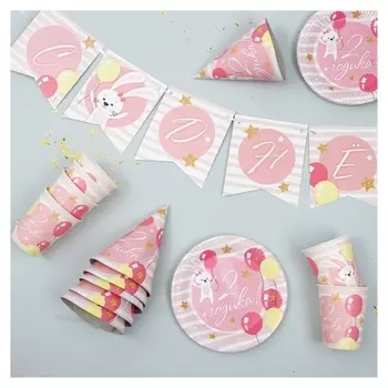Набор бумажной посуды «С днём рождения. 2 годика», 6 тарелок, 6 стаканов, 6 колпаков, 1 гирлянда, цвет розовый
