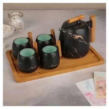 Набор чайный «Марбл», 5 преметов: чайник 500 мл, 4 кружки 150 мл, цвет черный