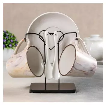 Набор чайный Мрамор, керамика, 6 предметов на металлической подставке