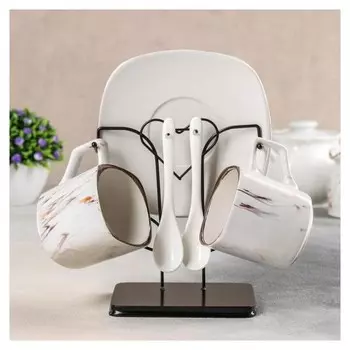 Набор чайный на металлической подставке Мрамор 6 предметов: 2 чашки 200 мл, 2 блюдца 14,7 см, 2 ложки Цвет белый/коричневый