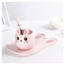 Набор чайный «Зайка», 3 предмета: чашка 200 мл, ложка, подставка 22×15 см, цвет розовый