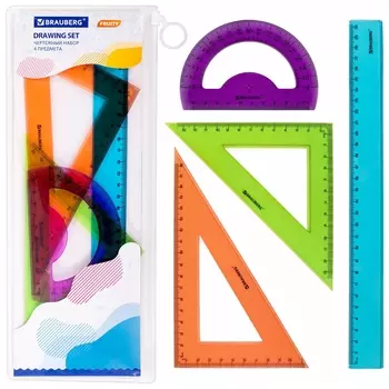 Набор чертежный большой Brauberg "Fruity" (Линейка 30 см, 2 треугольника, транспортир), пенал, 210772