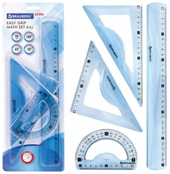 Набор чертежный Brauberg "Extra" (Линейка 30 см, 2 угольника, транспортир), тонированный голубой, 210747