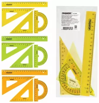 Набор чертежный средний пифагор (Линейка 20 см, 2 треугольника, транспортир), прозрачный, неоновый, пакет, 210626