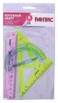 Набор чертёжный (Линейка 15 см, транспортир 10 см, треугольник-трафарет)