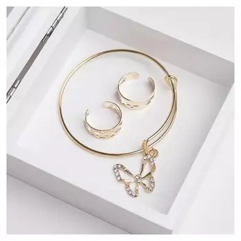 Набор детский 3 предмета браслет Бабочка, 2 кольца Цвет золота