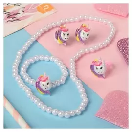 Набор детский 4 предмета: клипсы, бусы, браслет, кольцо "Единорожка", цветной