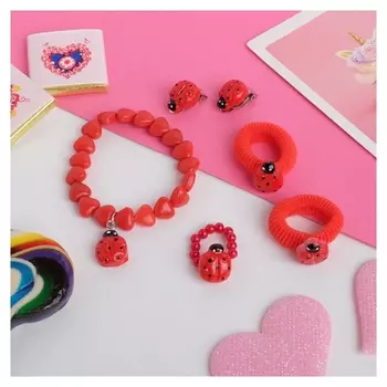 Набор детский 5 предметов: 2 резинки, клипсы, кулон, кольцо, коровка малая