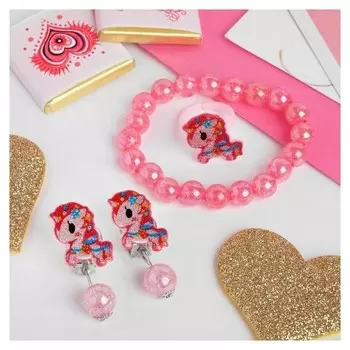 Набор детский розовый 3 предмета клипсы, браслет, кольцо, единороги