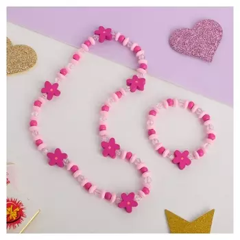 Набор детский "Выбражулька" 2 предмета: бусы, браслет, цветочки, цвет розовый