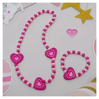 Набор детский "Выбражулька" 2 предмета: колье, браслет, сердечки полоска, цвет бело-розовый