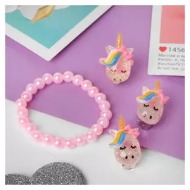 Набор детский "Выбражулька" 3 пред-та: клипсы, кольцо, браслет, единорог с бантиком, цветной 52269