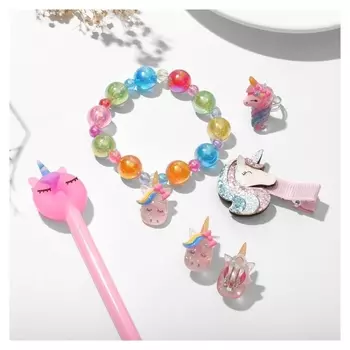 Набор детский "Выбражулька" 5 предметов: заколка, клипсы, браслет, кольцо, ручка, единорог, цветной