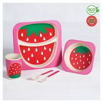 Набор детской посуды из бамбука «Клубничка», 5 предметов: тарелка, миска, стакан, столовые приборы