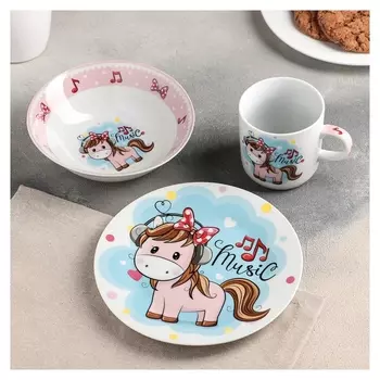 Набор детской посуды «Маленькая лошадка», 3 предмета: кружка 250 мл, миска 400 мл, тарелка 18 см