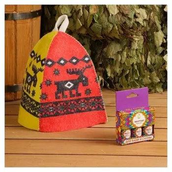 Набор для бани подарочный "Лоси" (Шапка, масла)