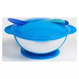 Набор для кормления: миска на присоске 340 мл., с крышкой, термоложка, цвет синий