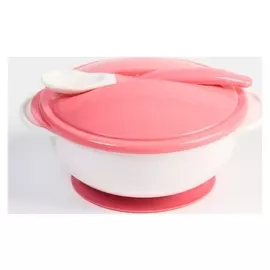 Набор для кормления: миска на присоске с крышкой, ложка, цвет белый/розовый