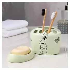 Набор для ванной «Зайцы», 2 предмета (Подставка для щёток, мыльница), цвет ментол, деколь