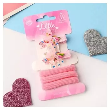 Набор для волос "Ассоль" (2 зажима 3,5 см, 3 резинки) единороги, розовый