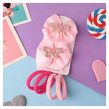 Набор для волос "Элис" (4 резинки, 2 зажима) бабочки сверкание, 5х5 см, розовый