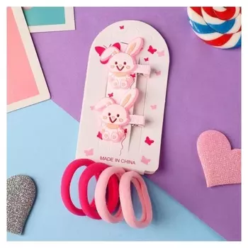 Набор для волос "Карамелька" (4 резинки, 2 зажима) зайчата, 3,5х2,5 см, розовый