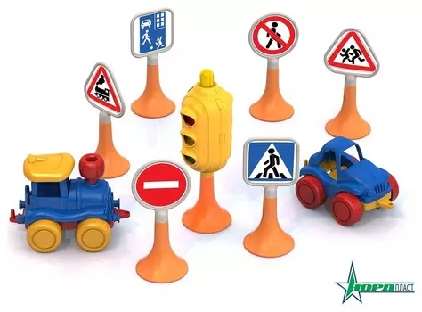 Набор Дорожные знаки светофор, 6 знаков, 2 машинки