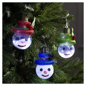 Набор елочных шаров со светодиодами "Снеговички", 3 шт, D=8 см, белый