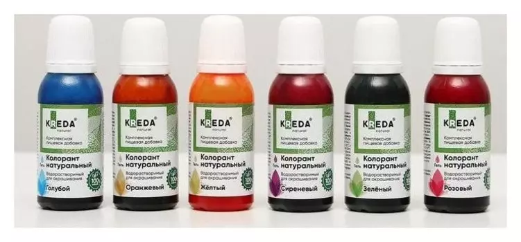 Набор гелевых натуральных колорантов Kreda Natural 6 шт. (Зелёный, оранжевый, розовый, сиреневый, голубой, жёлтый)