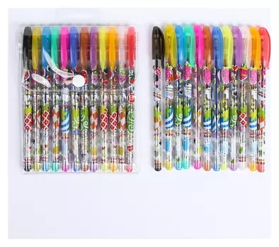 Набор гелевых ручек, 12 цветов, металлик, корпус с рисунком