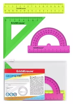 Набор геометрический Erichkrause Neon Solid, пластиковый, малый (Линейка, угольник, транспортир), из 3 цветов, в Zip-пакете