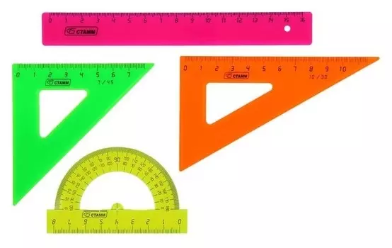 Набор геометрический малый: линейка 16 см, треугольник 7 см 45*, треугольник 10 см 30*, транспортир 8 см 180*. Neon