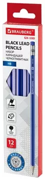 Набор карандашей чернографитных Brauberg "Gx-100" 12 шт., HB, с ластиком, корпус синий, 181722