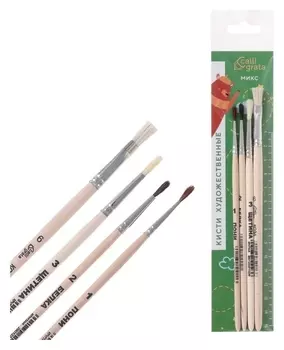 Набор кистей 4 штуки №1 (круглые: Пони №1, Белка №2, Щетина №3; плоская Коза №6), деревянная ручка