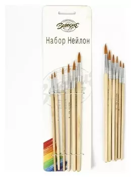 Набор кистей, нейлон, круглые, 6 шт.: №2, 4, 6, 8, 10, 12, с деревянными ручками, на блистере