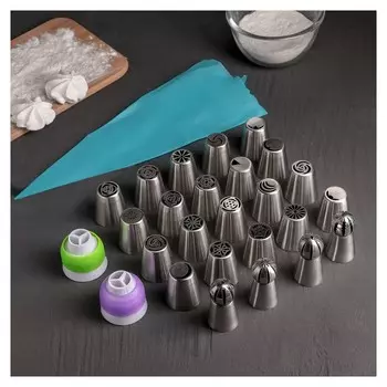 Набор кондитерский, 27 предметов в кейсе: 24 насадки D=3,7 см, 2 адаптера, мешок 30×15 см