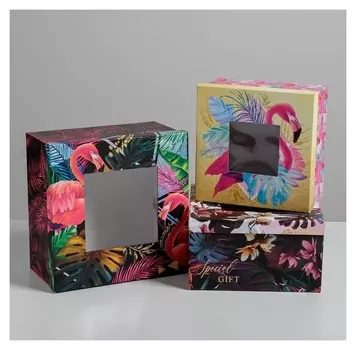 Набор коробок с PVC окном 3 в 1 «Фламинго», 18 × 18 × 10‒22 × 22 × 12 см