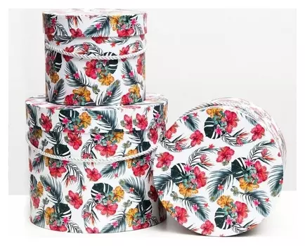 Набор круглых коробок 3 в 1 "Разноцветные цветы", 23 X 19.5 - 17 X 14 см