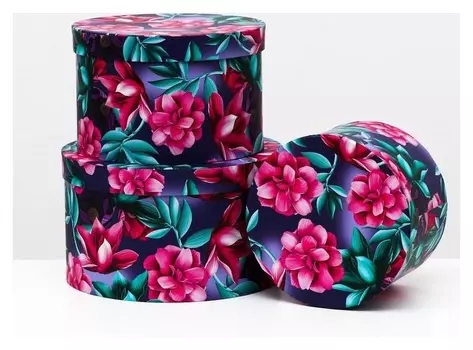 Набор круглых коробок 3 в 1 "Розовые цветы", 25.5 X 15 - 19 X 13.5 см