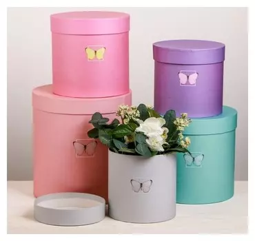 Набор круглых подарочных коробок 5 в 1 «Бабочки», 23 × 23 × 25 ‒ 15 × 15 × 15 см