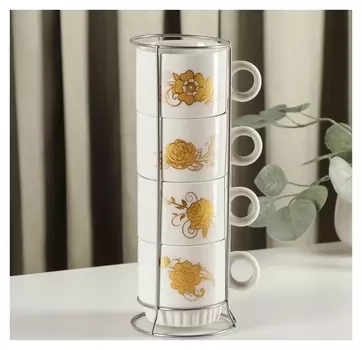 Набор кружек на метал подставке «Золотые розы», кружка 250 мл, 4 шт