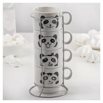 Набор кружек «Панда», 180 мл, 4 шт, на металлической подставке, рисунок