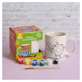 Набор кружка под раскраску «Божья коровка» краска 6 цв по 2 мл, кисть