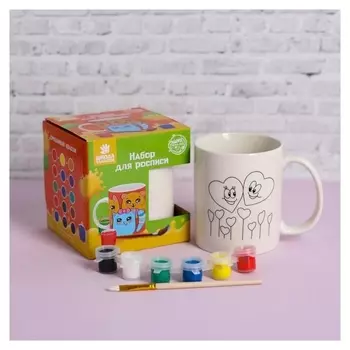 Набор кружка под раскраску «Сердечки» краска 6 цв по 2 мл, кисть