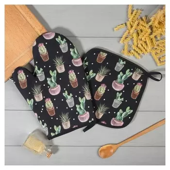 Набор кух.этель Succulents варежка-прихватка 20х27см, прихватка 19х19см,100% х/л