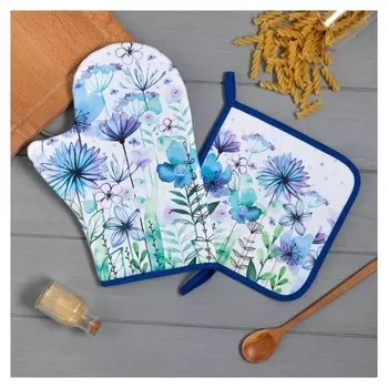 Набор кух. "Blue Flowers" варежка-прихватка 20х28см, прихватка 19х19см,100% хл