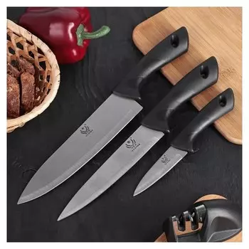 Набор кухонных ножей «Энеолит», 3 предмета, лезвие 8,5/17/20 см, цвет чёрный