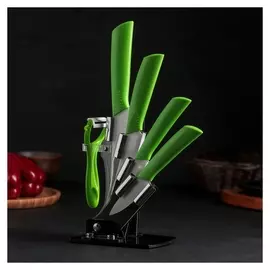 Набор кухонный, 5 предметов, на подставке, цвет зелёный