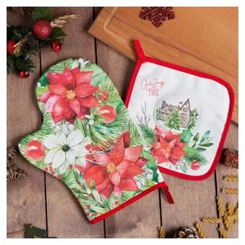 Набор кухонный Christmas Red Flowers варежка-прихватка 20х28см, прихватка 19х19см,100%хл