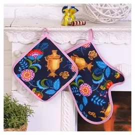 Набор кухонный (Варежка 26*30 см+прихватка 18*18 см)самовары, синий, рогожка, хл 100%
